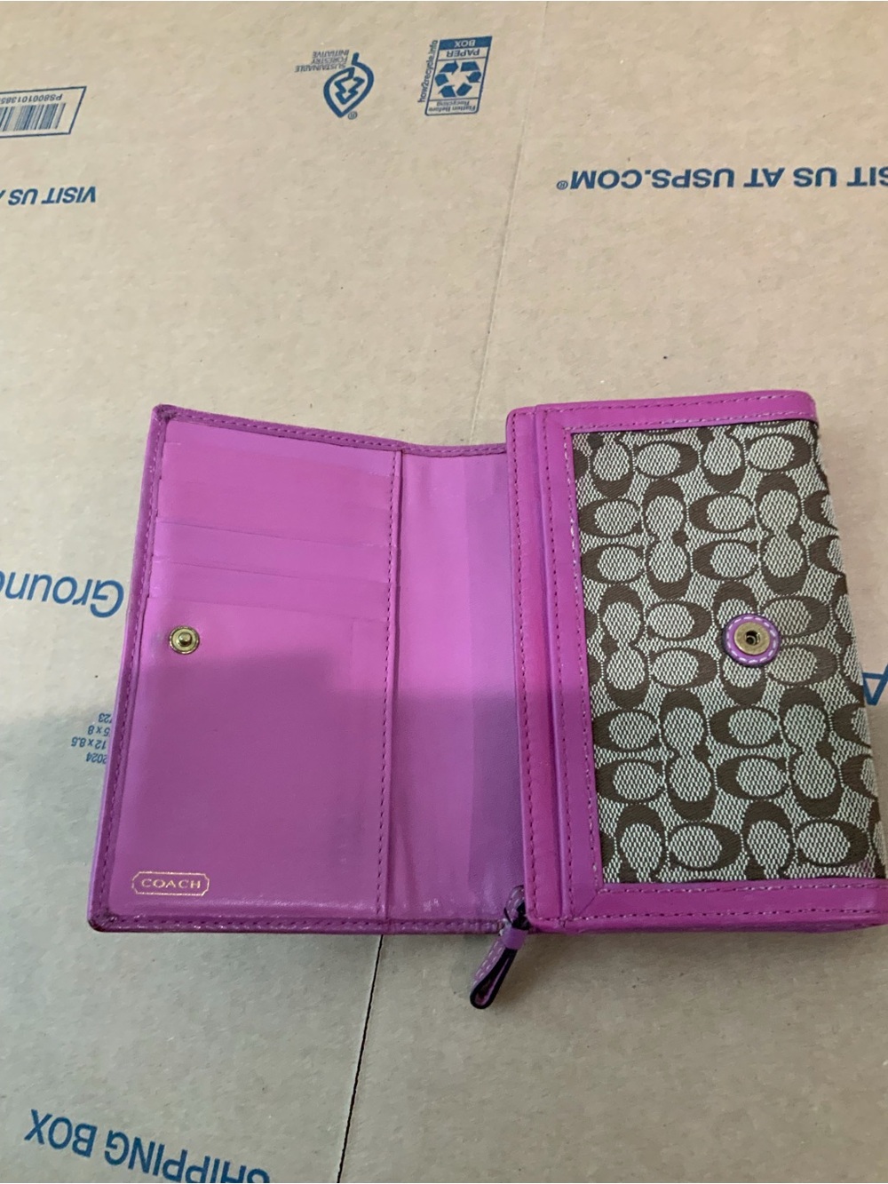 Coach Brown Signature Wallet with Pink Trim - Picture 3 of 5
